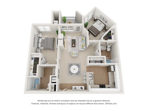 Floor plan for 2 beds, 2 baths, 1077 sqft